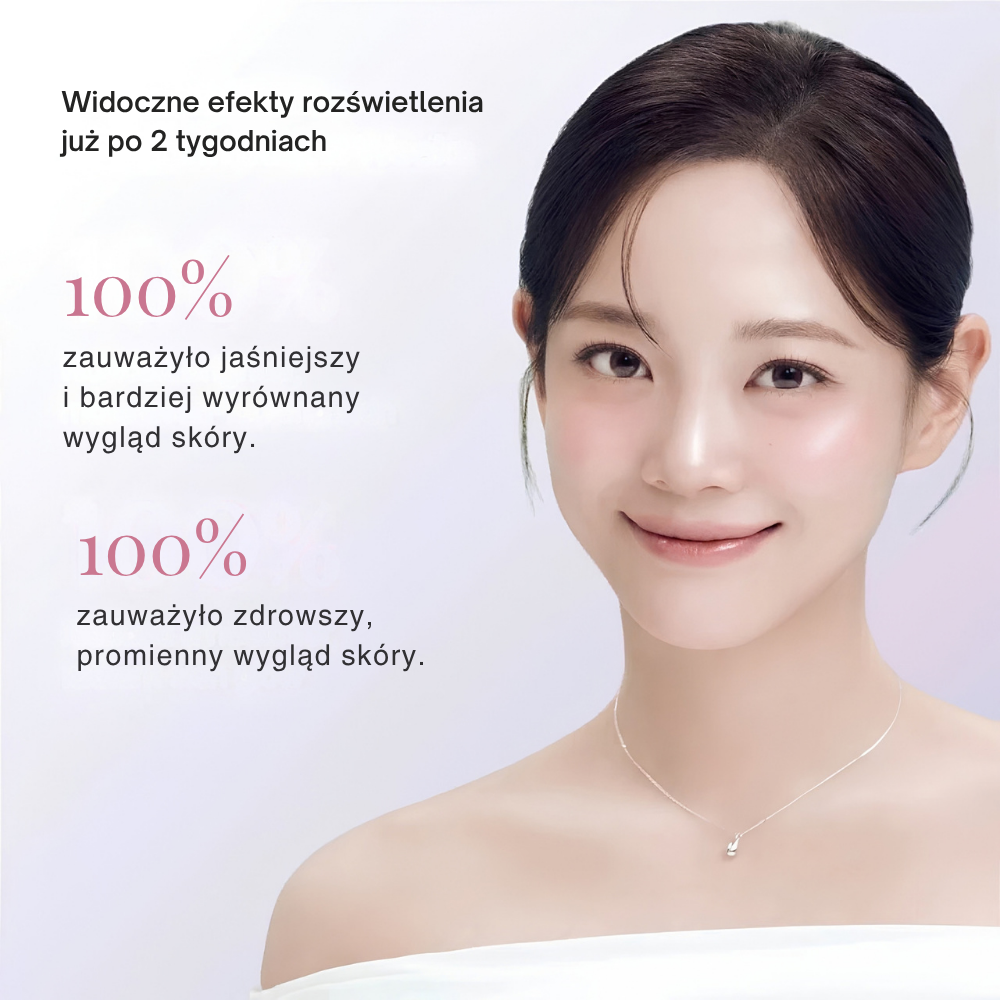 Rejuran Triple Radiance Ampoule c PDRN 0.5% (4) REJURAN Triple Radiance Ampoule c-PDRN 0,5% - modelka z promienną cerą oraz wyniki po 2 tygodniach stosowania, wskazujące na jaśniejszy, bardziej wyrównany i zdrowo wyglądający blask skóry.