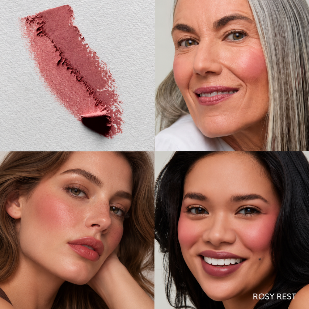 Soshe Blurring Pillow Blush (2) Soshe Blurring Pillow Blush Rosy Rest - kolaż przedstawiający próbkę różu w przygaszonym, pudroworóżowym odcieniu oraz trzy modelki o różnych karnacjach i w różnym wieku, prezentujące naturalny efekt zaróżowionych policzków i subtelne, satynowe wykończenie makijażu.
