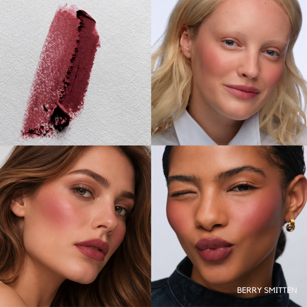 Soshe Blurring Pillow Blush (4) Soshe Blurring Pillow Blush Berry Smitten - kolaż przedstawiający próbkę różu w intensywnym, jagodowo-malinowym odcieniu oraz trzy modelki o różnych karnacjach, prezentujące efekt naturalnie zaróżowionych policzków, subtelnego rozświetlenia i miękkiego, satynowego wykończenia makijażu.