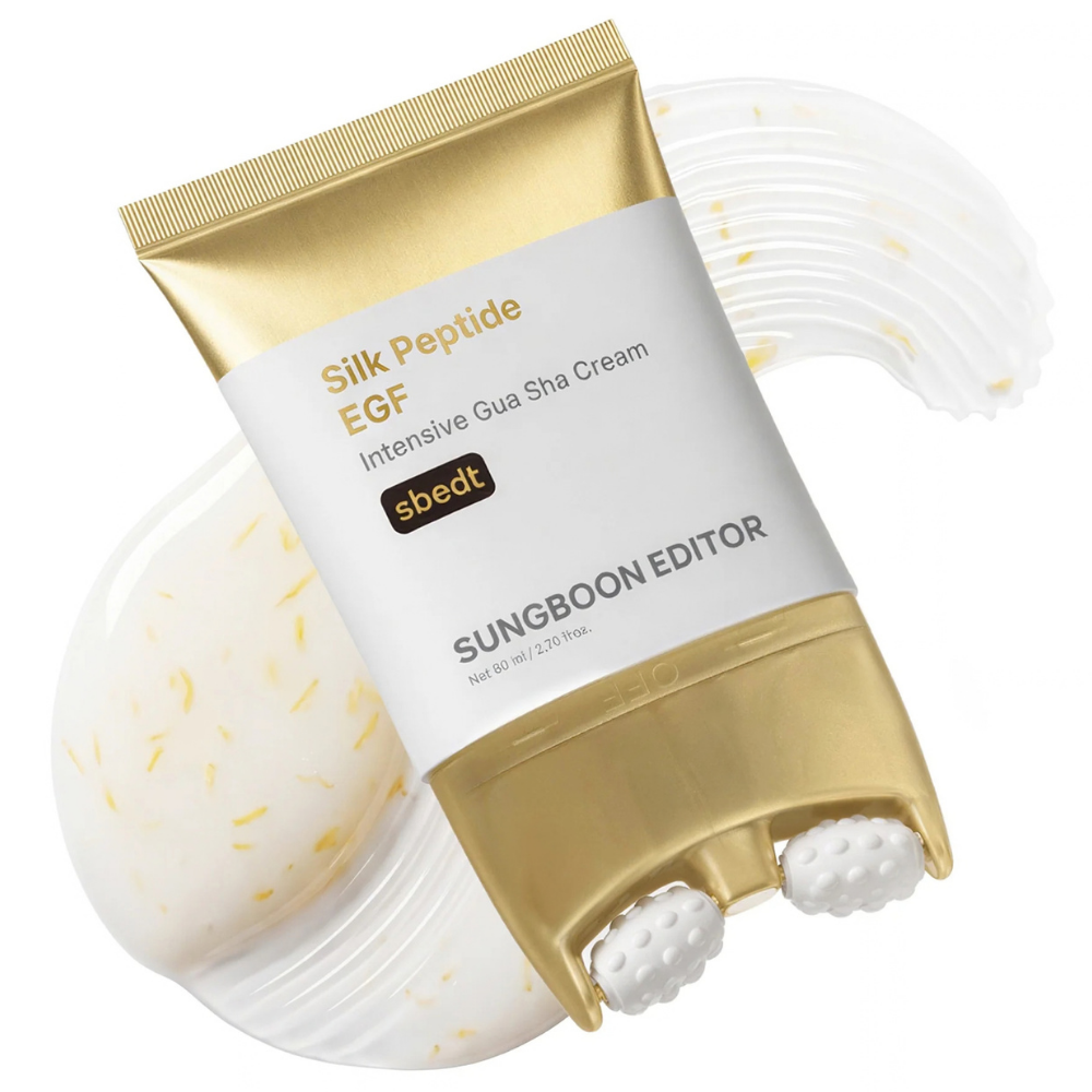 Sungboon Editor Peptide EGF Intensive Gua Sha Neck Cream (2) Sungboon Editor Silk Peptide EGF Intensive Gua Sha Neck Cream - peptydowy krem do szyi z wbudowanym podwójnym rollerem do masażu i kremową formułą ze złotymi drobinkami.