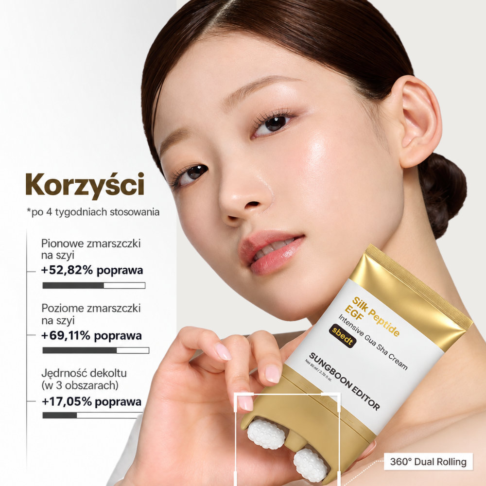 Sungboon Editor Peptide EGF Intensive Gua Sha Neck Cream (3) Sungboon Editor Silk Peptide EGF Intensive Gua Sha Neck Cream - krem do szyi z peptydami i EGF, przedstawiony z informacją o poprawie wyglądu zmarszczek szyi i jędrności dekoltu po 4 tygodniach stosowania.