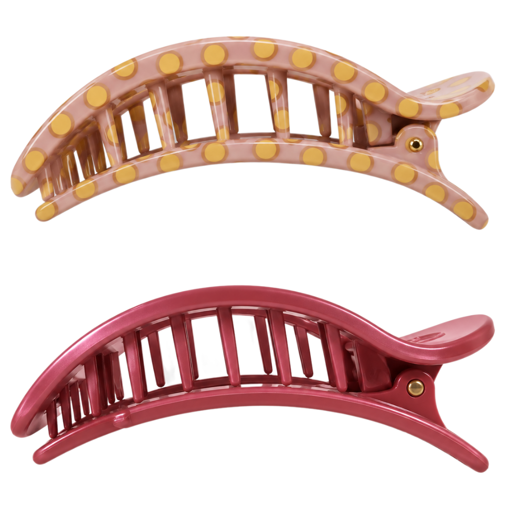 Teleties Hair Clip Flat Round Large Size (4) TELETIES Flat Round Large - widok z boku dwóch dużych płaskich klamer do włosów: pudroworóżowej w musztardowe kropki oraz metalicznej malinowo-różowej.