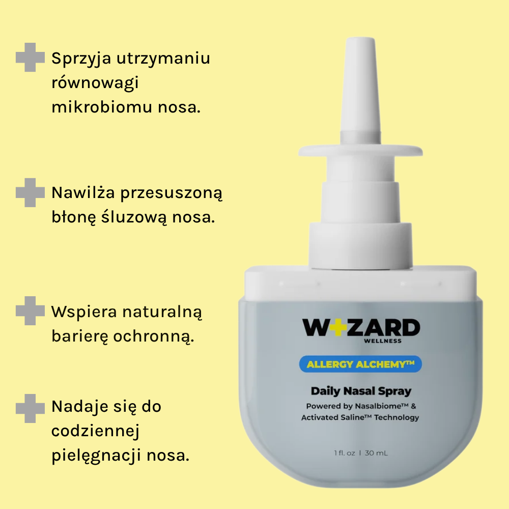 Wizard DAILY PROBIOTIC NASAL SPRAY (2) Wizard Wellness Daily Probiotic Nasal Spray Arctic Vanilla - spray do nosa 30 ml na jasnożółtym tle. Infografika przedstawia korzyści: nawilżenie błony śluzowej, wsparcie mikrobiomu nosa i naturalnej bariery ochronnej.