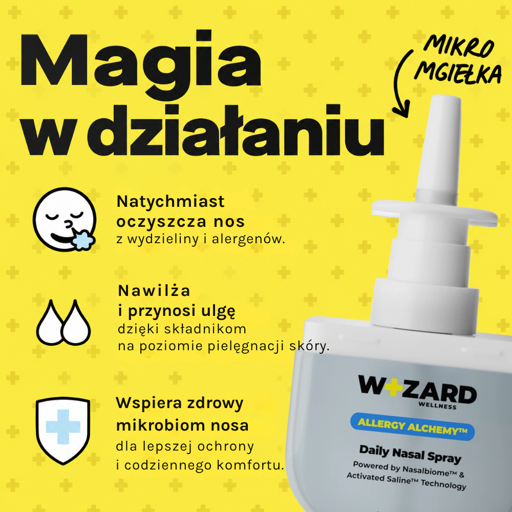 Wizard DAILY PROBIOTIC NASAL SPRAY (3) Wizard Wellness Daily Nasal Spray - infografika na żółtym tle przedstawiająca spray do nosa oraz jego właściwości: oczyszczanie z wydzieliny i alergenów, nawilżanie, ukojenie i wsparcie mikrobiomu nosa.