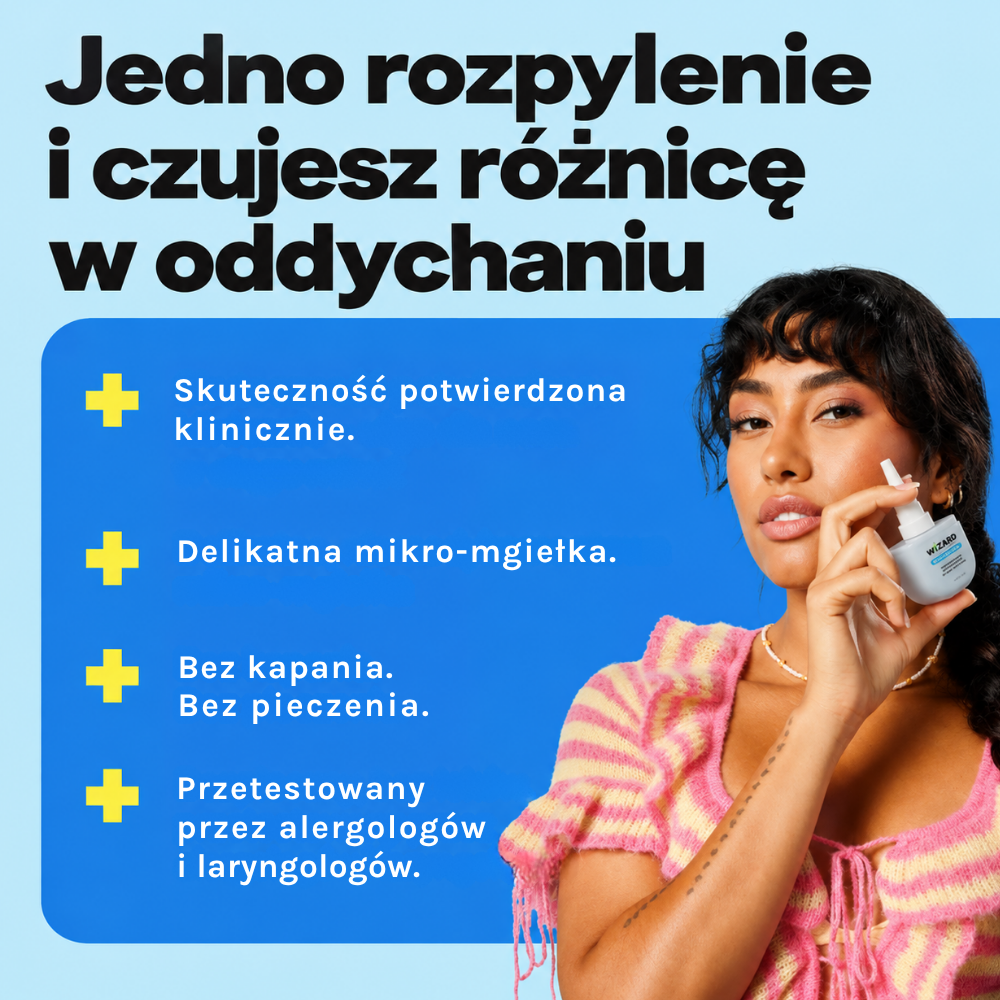 Wizard DAILY PROBIOTIC NASAL SPRAY (4) Wizard Wellness Daily Probiotic Nasal Spray - modelka w różowej bluzce trzyma spray do nosa przy twarzy. Grafika prezentuje delikatną mikromgiełkę, komfort aplikacji bez kapania i pieczenia oraz informacje o testach produktu.
