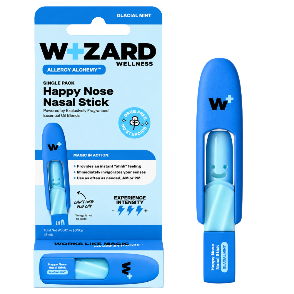 Wizard HAPPY NOSE NASAL STICK in GLACIAL MINT Wizard Wellness Happy Nose Nasal Stick Glacial Mint - niebieski inhalator aromatyczny do nosa z miętowym wkładem oraz oryginalne błękitne opakowanie producenta. Kieszonkowy sztyft z mentolem i olejkiem eukaliptusowym.