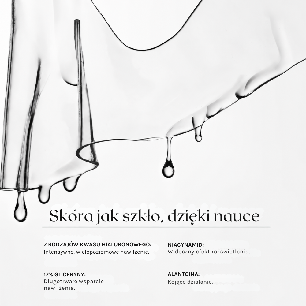 YSE Xtreme Glass Vegan PDRN Hydrogel Sheet Mask (4) YISE Beauty Xtreme Glass - grafika prezentująca 7 rodzajów kwasu hialuronowego, 17% gliceryny, niacynamid i alantoinę wspierające wielopoziomowe nawilżenie, ukojenie i promienny wygląd skóry.
