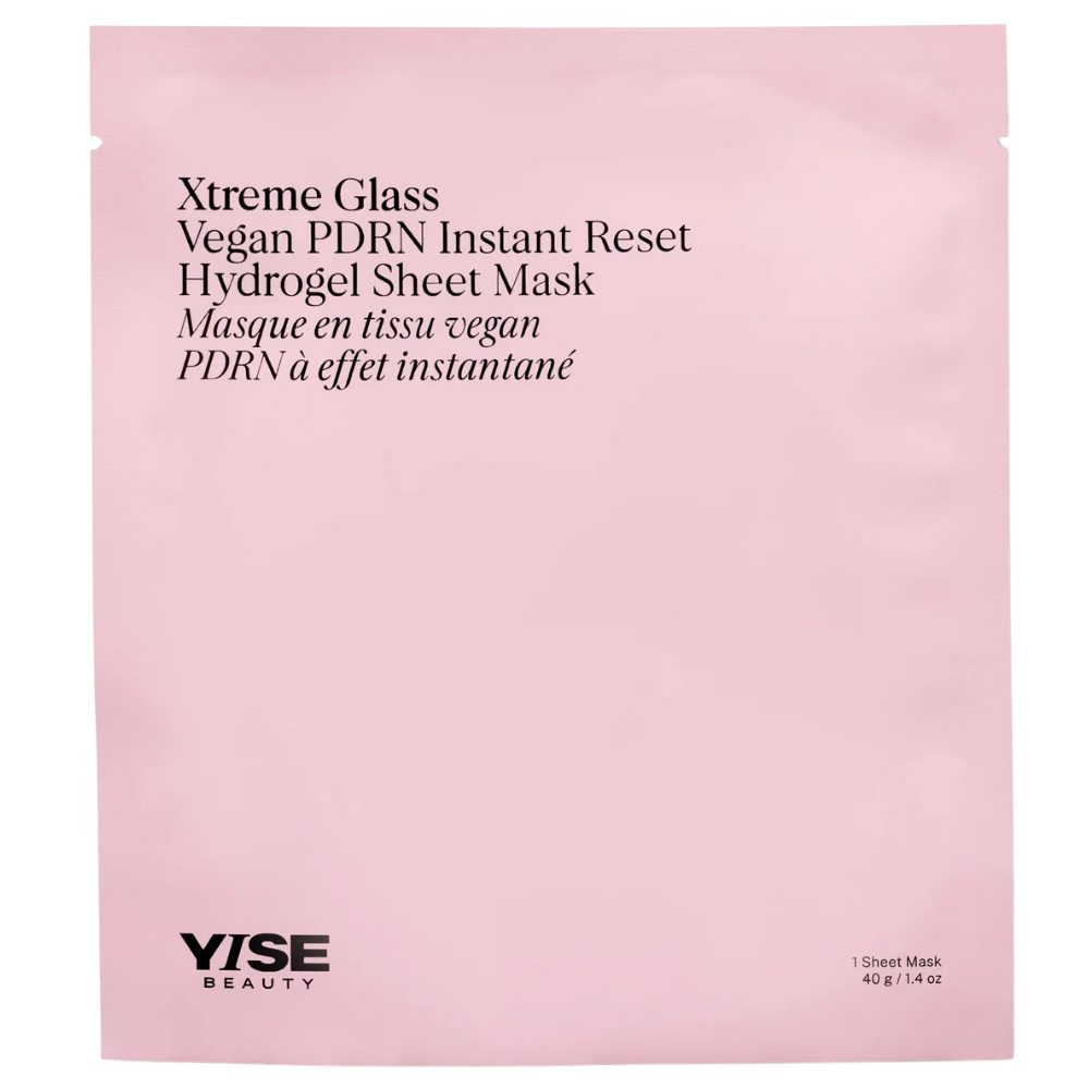 YSE Xtreme Glass Vegan PDRN Hydrogel Sheet Mask YISE Beauty Xtreme Glass Vegan PDRN Instant Reset Hydrogel Sheet Mask - różowe opakowanie hydrożelowej maski do twarzy z wegańskim PDRN, 40 g, na białym tle.