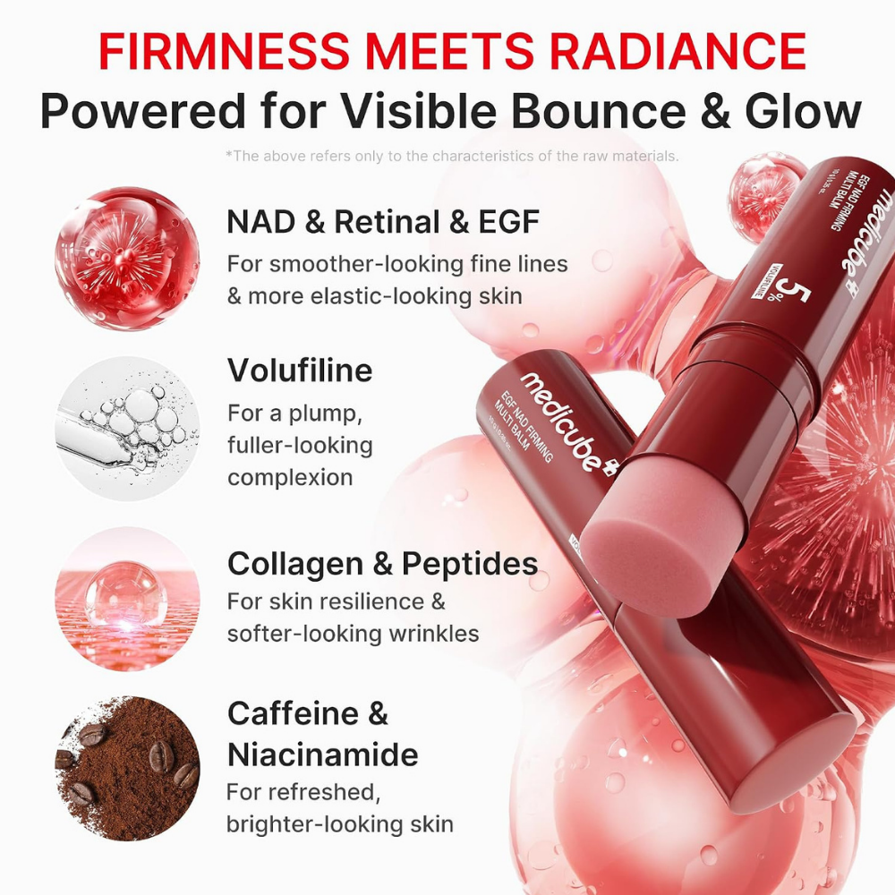 medicube NAD EGF Firming Multi Balm (4) Grafika prezentująca czerwony sztyft Medicube NAD EGF Firming Multi Balm oraz składniki pielęgnacyjne: NAD, retinal, EGF, 5% Volufiline, kolagen, peptydy, kofeinę i niacynamid. Różowo-biała kompozycja podkreślająca pielęgnację jędrności i elastyczności skóry.