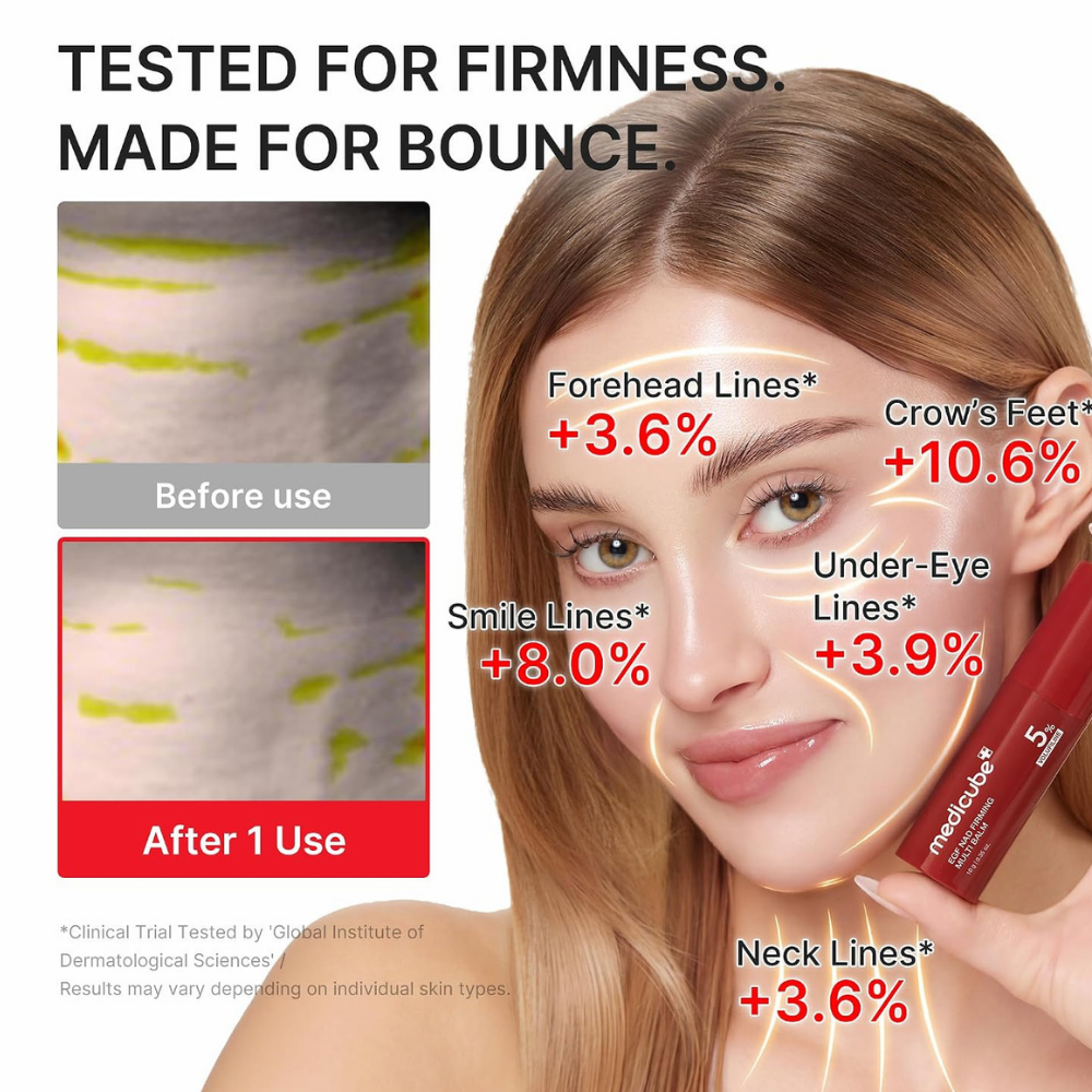 medicube NAD EGF Firming Multi Balm (5) Grafika z modelką trzymającą sztyft Medicube NAD EGF Firming Multi Balm, przedstawiająca deklarowane wyniki badań dotyczących wyglądu drobnych linii na czole, wokół oczu, ust i szyi. Białe tło, czerwone oznaczenia procentowe oraz porównanie przed i po zastosowaniu.