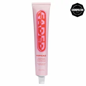 Różowa tubka z dużym napisem „FADED” w pionowym układzie, symbolizująca kosmetyk rozjaśniający i wyrównujący koloryt skóry. Wyróżnienie Cosmopolitan Beauty Awards 2023.