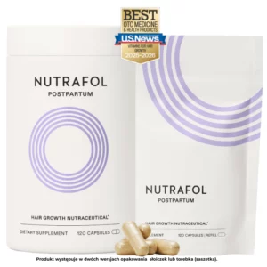 Suplement diety Nutrafol Postpartum w dwóch wersjach opakowania – słoiczek i saszetka (refill). Witaminy i nutraceutyki wspierające wzrost włosów po ciąży i porodzie. Najlepszy suplement na wypadanie włosów po ciąży, nagrodzony przez U.S. News Best OTC Medicine 2025-2026.