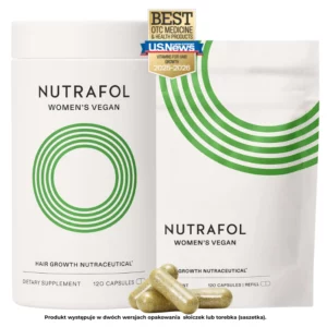 Wegetariański suplement Nutrafol Women’s Vegan – naturalne kapsułki na porost włosów bez składników odzwierzęcych. Odpowiedni dla wegan, zawiera 120 kapsułek. Dostępny w dwóch wersjach opakowania: słoiczek lub saszetka (refill). Nagrodzony tytułem Best OTC Medicine 2025-2026 przez U.S. News.