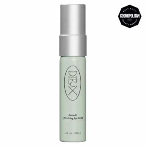 Butelka żelowego kosmetyku pod oczy Dieux Auracle Reviving Eye Gel w odcieniu pastelowej zieleni z metaliczną srebrną nakrętką. Obok znajduje się czarna plakietka informująca o zdobyciu nagrody Cosmopolitan Holy Grail Beauty Award 2023.
