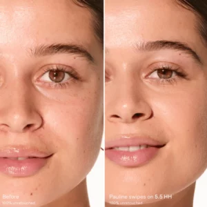 Porównanie before i after korektora Tower 28 Swipe Serum Concealer 5.5 HH, pokazujące wyrównanie kolorytu skóry i naturalne rozświetlenie bez retuszu.