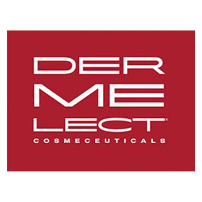 Logo firmy Dermelect Cosmeceuticals. W centralnej części znajduje się duży, biały napis "DERMELECT" z umieszczonym pionowo słowem "ME" w środku. Logo ma prostokątny kształt z zaokrąglonymi rogami i jest umieszczone na czerwonym tle. Pod głównym napisem, mniejszymi literami, znajduje się słowo "COSMECEUTICALS"