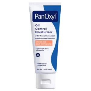 Tuba kremu nawilżającego PanOxyl Oil Control Moisturizer z SPF 30, przeznaczonego do kontroli wydzielania sebum i ochrony przeciwsłonecznej, na białym tle.