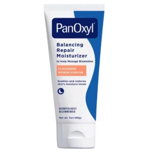 Zdjęcie tuby kremu PanOxyl Balancing Repair Moisturizer, zawierającego 4% niacynamidu, zapewniającego nawilżenie i odbudowę bariery skóry, rekomendowanego przez dermatologów, na białym tle.