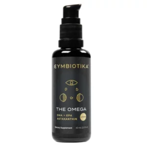 Czarna butelka Cymbiotika The Omega z dozownikiem, oznaczona napisem "DHA + EPA Astaxanthin" oraz informacją o smaku cytrynowym, pojemność 60 ml.