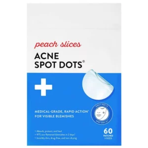 Peach Slices Acne Spot Dots - opakowanie 60 hydrokoloidowych plasterków na niedoskonałości w 3 rozmiarach, przeznaczonych do punktowego stosowania na wypryski.