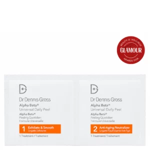 Dr. Dennis Gross Alpha Beta Universal Daily Peel – dwuetapowe płatki złuszczające do codziennej pielęgnacji skóry z nagrodą Glamour Beauty & Wellness Awards 2026, packshot produktu na białym tle.