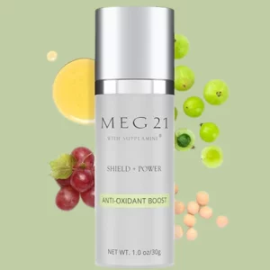 meg 21 antioxidant boost serum opakowanie produktowe na zielonym tle luksusowe serum do twarzy antyoksydacyjne