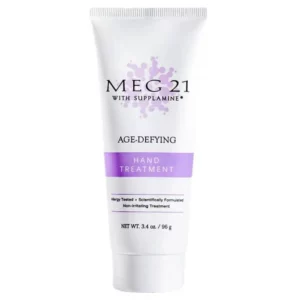Tubka produktu Meg 21 Age-Defying Hand Treatment, widok z przodu, z wyraźnym napisem informującym o właściwościach przeciwstarzeniowych kremu do rąk.
