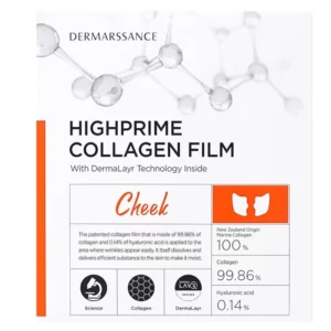 Opakowanie produktu Dermarssance Highprime Collagen Film Cheek, z technologią DermaLayr, na białym tle. Grafika przedstawia kolagen i kwas hialuronowy jako kluczowe składniki.