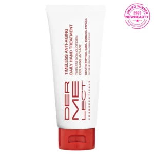 Biała tubka kremu Dermelect Timeless Anti-Aging Daily Hand Treatment z czerwonym zamknięciem i wyróżnionymi nagrodami na opakowaniu.