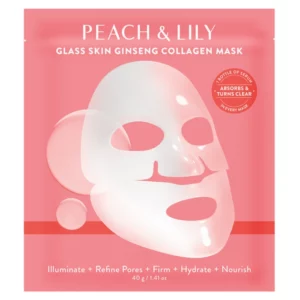 Opakowanie maski "Peach & Lily Glass Skin Ginseng Collagen Mask" w różowym kolorze. Na opakowaniu znajduje się ilustracja przezroczystej maski na twarz i opis jej korzyści.