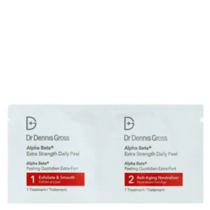 Saszetki Dr. Dennis Gross Alpha Beta Extra Strength Daily Peel. Każda saszetka zawiera dwa kroki: krok 1 "Exfoliate & Smooth" oraz krok 2 "Anti-Aging Neutralizer".