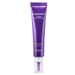 Sale 12 Fioletowa tubka kremu BIOHEAL BOH Probioderm 3D Lifting Eye & Wrinkle Cream o pojemności 25 ml. Na opakowaniu widoczny jest napis informujący, że produkt jest przeznaczony do ujędrniania skóry i redukcji oznak starzenia. Tubka zakończona jest precyzyjnym aplikatorem, ułatwiającym dozowanie kremu.