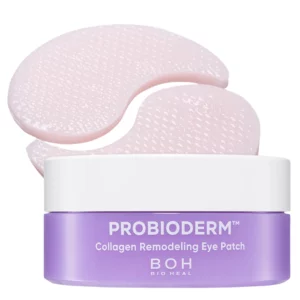 Okrągły pojemnik z fioletowym spodem i białą nakrętką zawierający różowe hydrożelowe płatki pod oczy BOH Probioderm Collagen Remodeling Eye Patch.