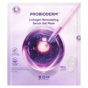 Opakowanie produktu "PROBIODERM Collagen Remodeling Serum Gel Mask" od marki BOH. Grafika przedstawia fioletową kroplę serum w szklanej bańce, co symbolizuje bogactwo składników odżywczych w masce.