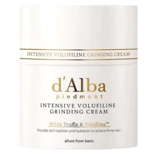 djęcie przedstawia ekskluzywny krem Dalba Intensive Volufiline Grinding Cream. zawierający wysokiej jakości ekstrakt z białej trufli z Włoch, który posiada sześciokrotnie skuteczniejsze przeciwutleniacze niż propolis. Opakowanie posiada przekręcany dozownik, jasne i minimalistyczne opakowanie sugerując produkt wysokiej jakości.