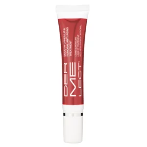 Na zdjęciu znajduje się czerwona tubka produktu "Dermelect Smooth Upper Lip & Perioral Anti-Aging Treatment" z białymi napisami, przeznaczonego do pielęgnacji przeciwstarzeniowej skóry wokół ust.