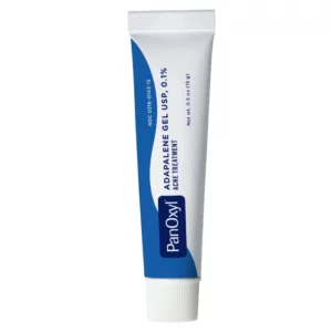 Zdjęcie przedstawia żel do leczenia trądziku PanOxyl Adapalene 0.1 Leave On Gel Acne Treatment. Tubka ma biało-niebieskie opakowanie.