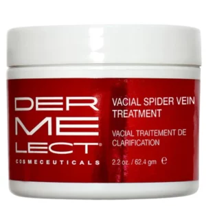 Zamknięty biały słoiczek z czerwonym opakowaniem i napisem "DERMELECT Vacial Spider Vein Treatment". Pojemność produktu to 2.2 oz / 62.4 g.