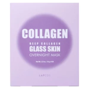 Na zdjęciu znajduje się zbliżenie opakowania maski w płachcie o fioletowym kolorze, z napisem „COLLAGEN GLASS SKIN OVERNIGHT MASK”.