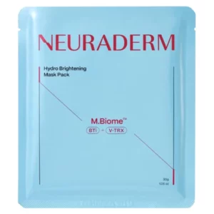 Na zdjęciu znajduje się pojedyncze opakowanie maski w płachcie „Hydro Brightening Mask Pack” marki NEURADERM w jasnoniebieskim kolorze z czerwonym logo.