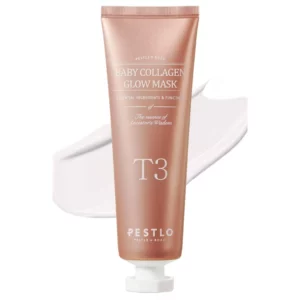 Metaliczna tubka "Pestlo Baby Collagen Glow Mask T3" z wyciśniętym białym kremem na tle, wskazując na kremową konsystencję produktu.