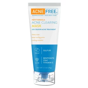 Na zdjęciu znajduje się tubka produktu AcneFree Acne Clearing Mask. Tubka ma biało-niebieską kolorystykę z pomarańczowymi i żółtymi akcentami. Na górze widoczna jest nazwa marki „ACNE FREE” z hasłem „Dermatology Inspired Care”. Poniżej napisano „New Formula” oraz nazwę produktu „Acne Clearing Mask – 3.5% Sulfur Acne Treatment”. Kluczowe korzyści produktu są wymienione żółtą czcionką: „clears acne, helps unclog pores, cooling menthol”. Na niebieskiej części tubki zaznaczono dwa obszary działania: * siarka * bentonit, cynk, witamina C Na dole znajduje się informacja o pojemności produktu 48 g. Opakowanie ma przezroczystą nakrętkę z widocznym aplikatorem. Całość wizualnie podkreśla właściwości terapeutyczne i oczyszczające maski.
