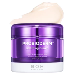 Fioletowy słoiczek Bioheal Boh Probioderm 3D Lifting Cream z widoczną kremową konsystencją na wieczku; produkt liftingujący i ujędrniający skórę, zaprezentowany na białym tle.