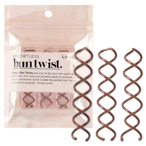 Hair 8 Na zdjęciu znajduje się zestaw trzech spiralnych wsuwek do włosów w kolorze brązowym, zapakowany w przezroczyste opakowanie z napisem "Effortless Bun Twist".
