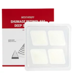Opakowanie produktu Meditherapy Shumage Retinol 550 Deep Shot Patch z informacją o zawartości bakuchiolu 5%, z widocznymi czterema plastrami w opakowaniu, na białym tle.