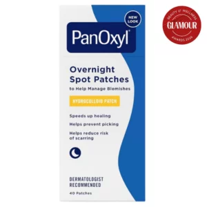 PanOxyl Overnight Spot Patches – hydrożelowe plastry na niedoskonałości 40 sztuk, opakowanie produktu na białym tle, dermokosmetyk na trądzik do stosowania na noc
