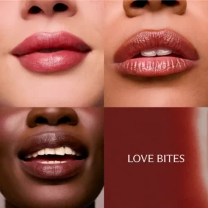 Zbliżenie na usta w różnych odcieniach skóry pomalowane szminką m.ph by Mary Phillips Lip Ciggy Sheer Lipstick Balm w kolorze Love Bites – naturalny, ciepły nude z połyskiem, efekt nawilżonych, pełnych ust.
