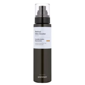 Butelka serum Meditherapy Retinal Skin Booster Serum w czarnym opakowaniu z białą etykietą i pompką. Etykieta wskazuje, że produkt zawiera Centella Asiatica i Niacynamid, poprawiając nierówny koloryt skóry i wspierając młodzieńczy wygląd.
