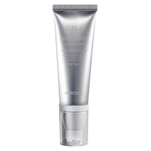 Srebrna tuba PURCELL - Pixcell Biom UV Moisturizer z pompką na dole i przezroczystą nakładką. Na opakowaniu znajdują się napisy informujące, że produkt jest przeznaczony do skóry nadwrażliwej (hyper sensitive skin), ma test niekomedogenny, kontroluje wydzielanie sebum i zawiera mineralny filtr przeciwsłoneczny (tlenek cynku). Oferuje ochronę SPF 30 PA+++. Elegancki, minimalistyczny design w metalicznym wykończeniu podkreśla nowoczesny i dermatologiczny charakter produktu.