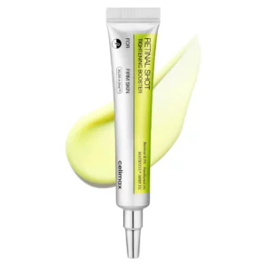 srebrno-zielona tubka serum celimax retinal shot tightening booster na tle żółtej kremowej tekstury, widoczny nadruk z informacją o zawartości retinalu 0,1%, pantenolu 1% i matrixylu 3000 3%.